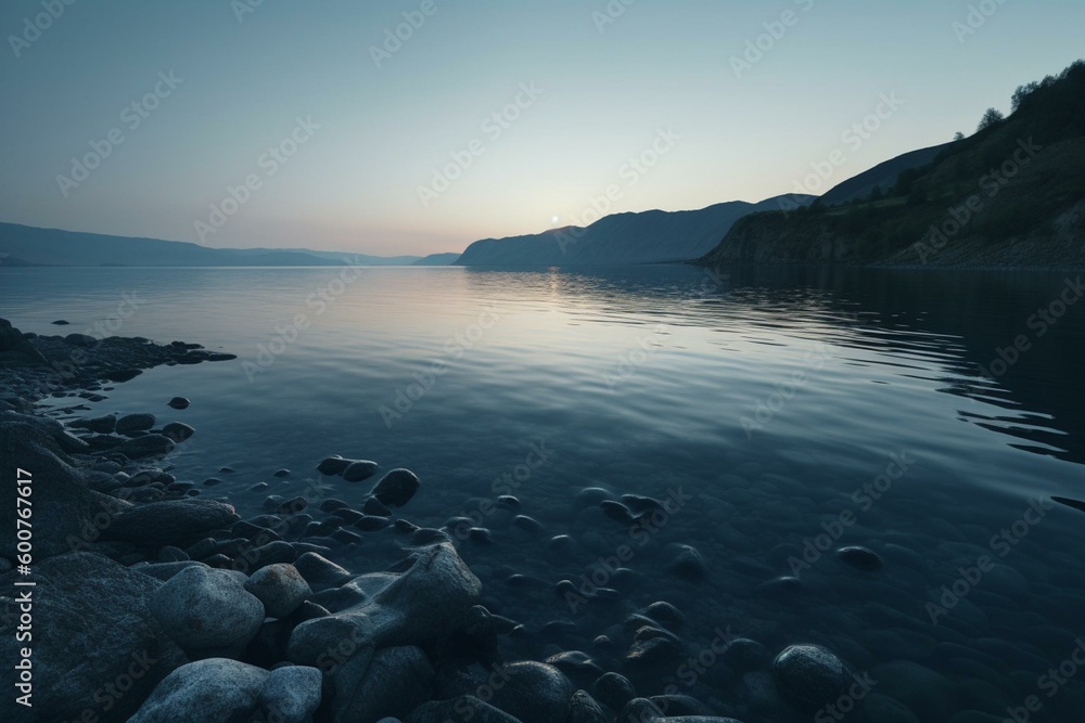 Illustration of a minimalist evening landscape on Lake Baikal. Generative AI