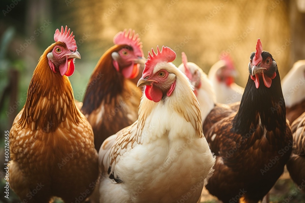Healthy and cheerful chickens living in an organic farm illustrate good plant care and sustainable agriculture. Generative AI
