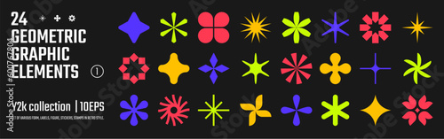 Vector abstract geometric graphic elements for design, Collection of various form, labels, shapes, stickers inspired by brutalism, set basic figures in y2k style, retro futuristic assets, set 1