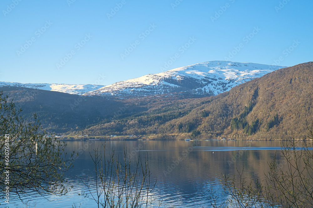 Nordfjord in Norway. View of mountains covered with snow. Wilderness in Scandinavia
