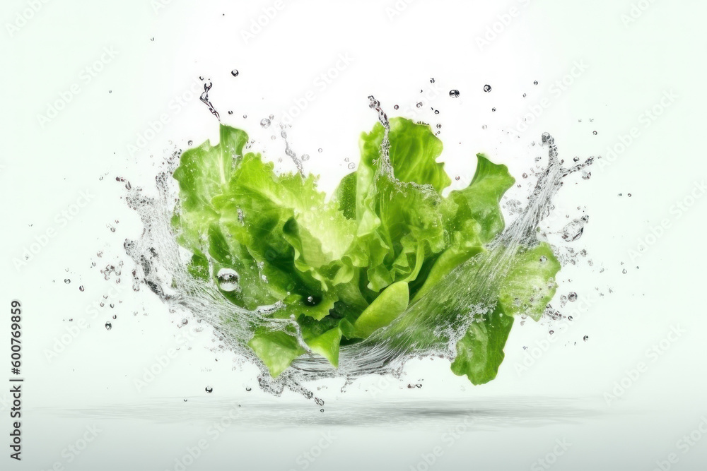 Fresh lettuce and splashes of water on a white background. AI generative. Fresh lettuce and splashes of water on a white background. AI generative.