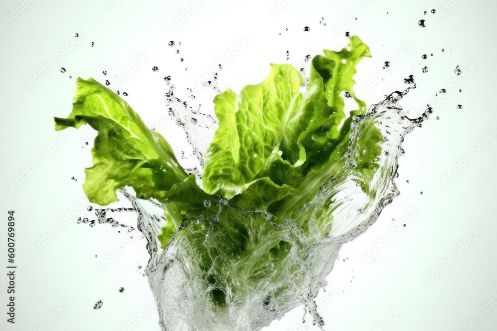 Lettuce and splashes of water on a white background. AI generative. Lettuce and splashes of water on a white background. AI generative.