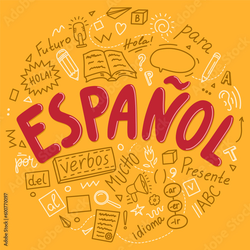 Espanol. Translation "Spanish". Spanish language doodles and lettering. 