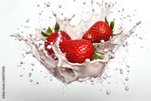 Strawberries and splashes of yogurt on a white background. AI generative.