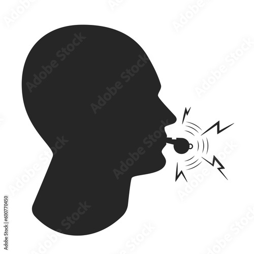 Whistleblower black vector symbol who reports fraud, abuse, corruption, waste, or dangers to public health and safety. Abstract vector illustration of whistle blower person, or employee
