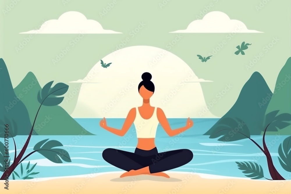 lifestyle woman back person relaxation meditation ocean sea yoga lotus exercise. Generative AI.