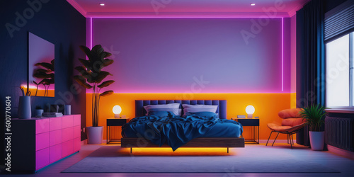 Modern bedroom interior with neon purle and orange lights in the night. Luxurious stylish apartment interior. Futuristic home concept with neon light colours. Generated AI image.