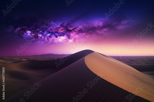 A surreal desert landscape of undulating sand dunes under a purple gradient starry sky. Generative AI