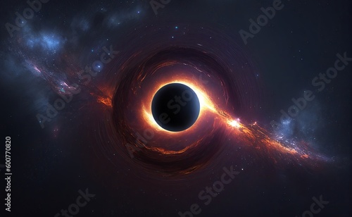 Black hole with particles in space over colorful stars. High quality photo