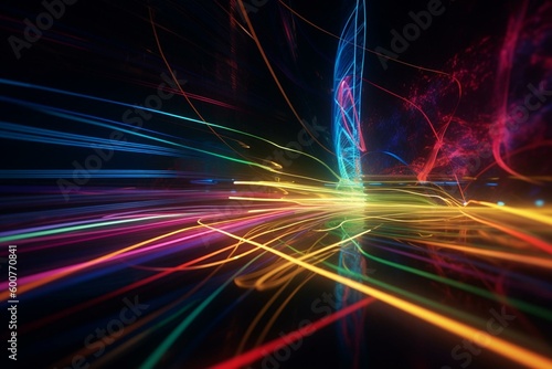 Abstract multicolor background with neon rays and glowing lines. Generative AI