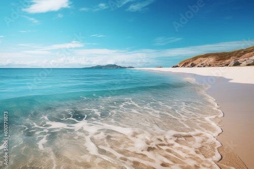Concept art showing bright blue water and a sandy beach. Generative AI