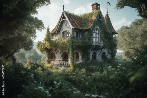 An idyllic home that looks like it came from a fairytale. Made up of 37 pieces, this house is a dream come true. Generative AI