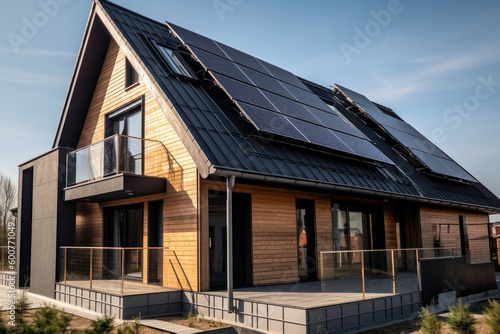 Modern house with solar panels on roof in suburbs, created with Generative AI