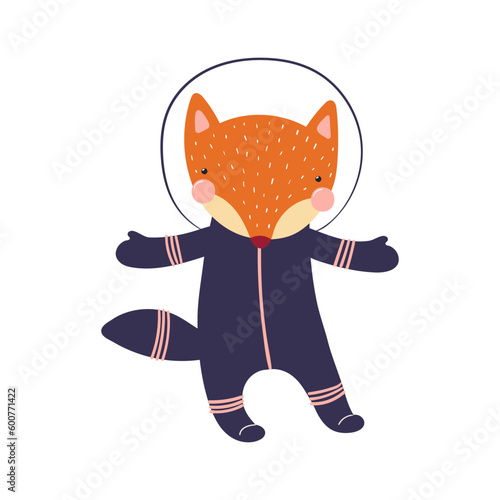 Cute funny fox astronaut in space suit cartoon character illustration. Hand drawn animal, Scandinavian style flat design, isolated vector. Kids print element, space adventure, travel, science