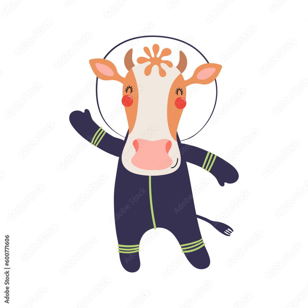 Cute funny cow astronaut in space suit cartoon character illustration. Hand drawn animal, Scandinavian style flat design, isolated vector. Kids print element, space adventure, travel, science Cute funny cow astronaut in space suit cartoon character illustration. Hand drawn animal, Scandinavian style flat design, isolated vector. Kids print element, space adventure, travel, science
