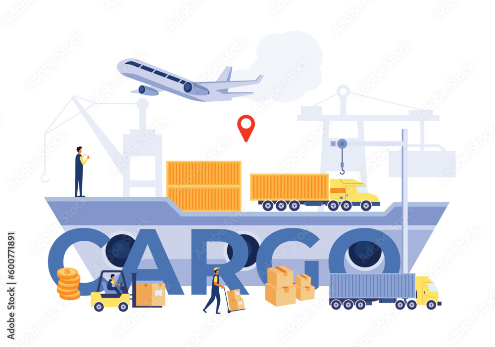 A group of cargo workers are working on a large blue sign that says cargo. A group of cargo workers are working on a large blue sign that says cargo.