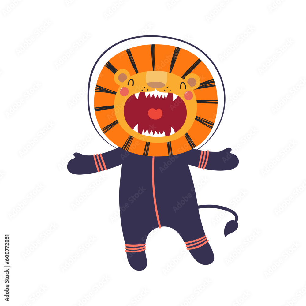 Cute funny lion astronaut in space suit cartoon character illustration. Hand drawn animal, Scandinavian style flat design, isolated vector. Kids print element, space adventure, travel, science