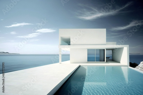 Residential villa with modern architecture, swimming pool and sea view. Generative AI illustration © ardanz