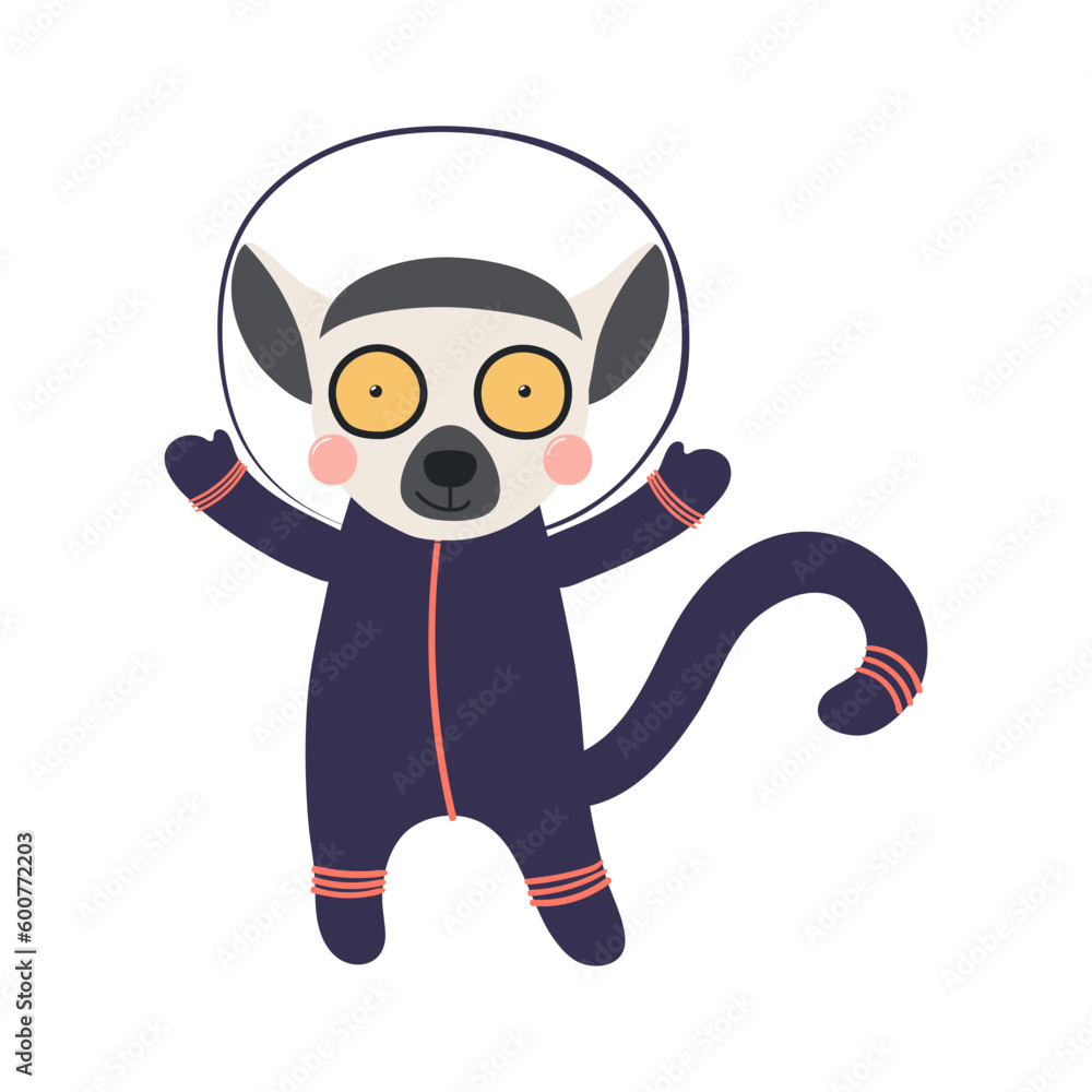 Obraz premium Cute funny lemur astronaut in space suit cartoon character illustration. Hand drawn animal, Scandinavian style flat design, isolated vector. Kids print element, space adventure, travel, science