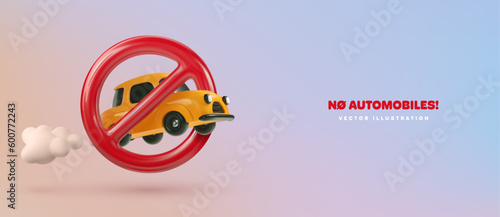 Car prohibited vector banner. Gasoline and diesel fuel automobile prohibition. Global dioxide carbon reduction vector illustration. Limited using vehicles, warning prohibited sign.