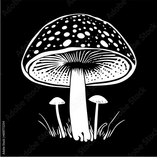 White hand-drawn vector illustration of One fresh mushroom Fly agaric isolated on a black background