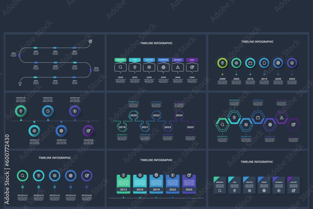 Set timeline dark infographics elements with 5, 6, 7, 11 options, template for web on a black background. Set timeline dark infographics elements with 5, 6, 7, 11 options, template for web on a black background.