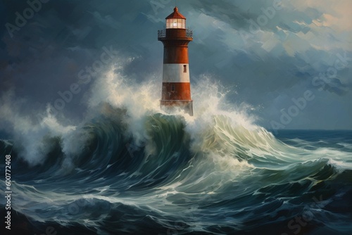 A painting of a lighthouse and ocean waves in acrylic oil medium. Generative AI
