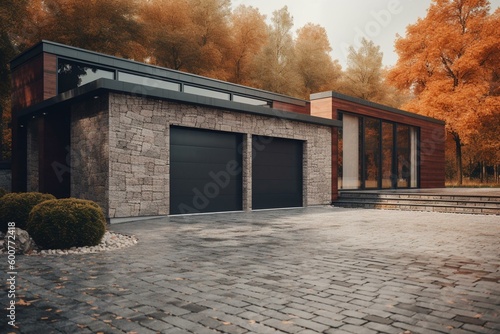 A closed garage with aluminum facade and natural granite paving stones in front of a country house. 3D rendering. Generative AI
