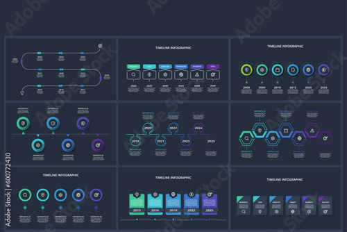 Set timeline dark infographics elements with 5, 6, 7, 11 options, template for web on a black background.