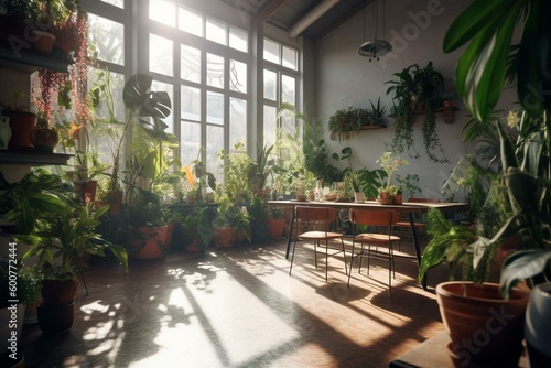 Colorful sunlit indoor space with abundant greenery. Generative AI