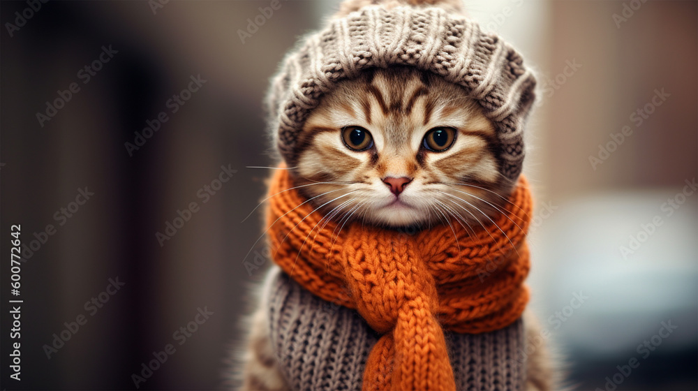 Portrait of a cute cat in a cold winter in a warm knitted hat , Generative ai Portrait of a cute cat in a cold winter in a warm knitted hat , Generative ai