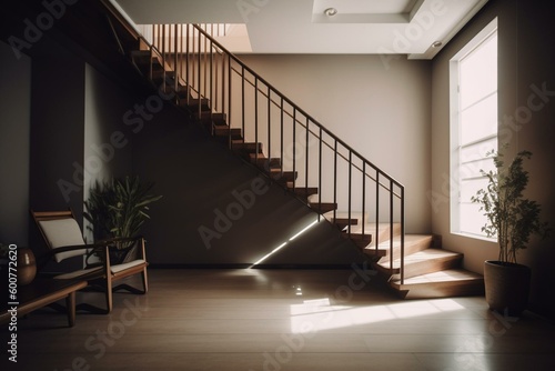 Minimalistic and neutral room with staircase. Generative AI
