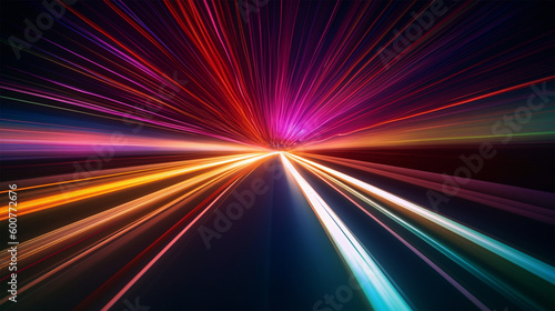 Abstract long exposure dynamic speed light trails background. Generative ai
