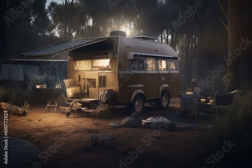 Camper trailer maintenance  3D visualization. Generative AI