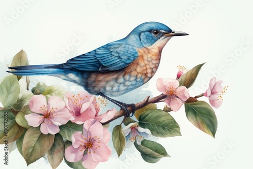 Watercolor illustration of bluebird on pink weigela bush among spring flowers and green leaves, isolated on white. Generative AI