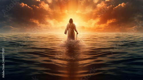  Jesus walks on the water against the beautiful dramatic background of a sunset. generative ai