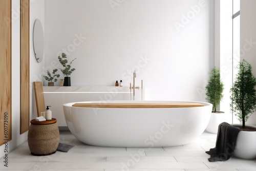 luxury architecture home house bathroom window interior modern white wood bathtub. Generative AI.