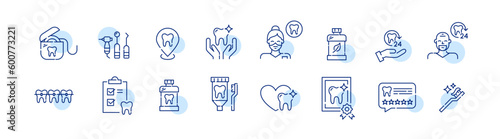 Set of dental health related icons. Dentistry, orthodontic treatment and daily care. Pixel perfect, editable stroke line icons set