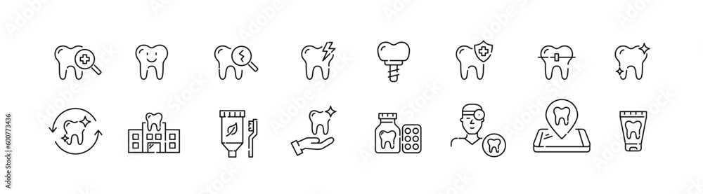Set of dental health related icons. Dentistry, orthodontic treatment and hygiene. Pixel perfect, editable stroke icons set Set of dental health related icons. Dentistry, orthodontic treatment and hygiene. Pixel perfect, editable stroke icons set