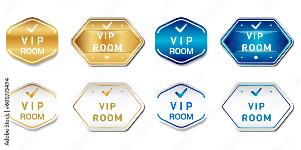 VIP Room sign. On gold, white, and blue colors. Premium and luxury label emblem vector template VIP Room sign. On gold, white, and blue colors. Premium and luxury label emblem vector template