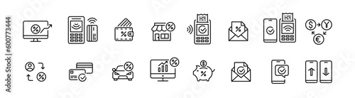 Financial icons. Contactless payment, savings, p2p transactions and currency conversion. Pixel perfect, editable stroke icons set