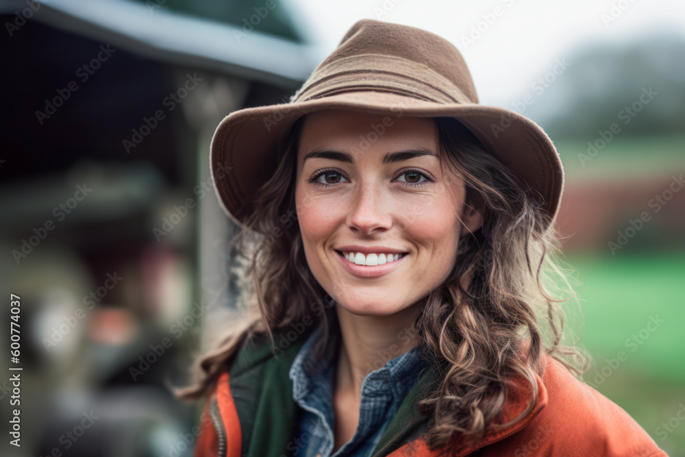 Young European farmer wearing a hat standing outside. Generative AI.