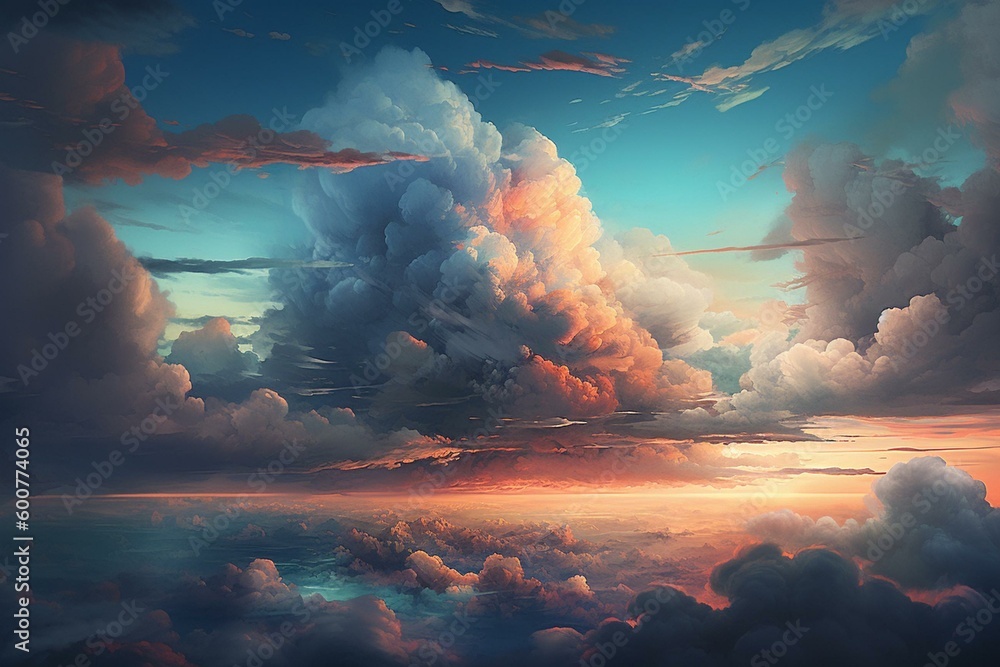 A painting of a colorful sky with clouds and layers of blue and white in the foreground and background. Generative AI