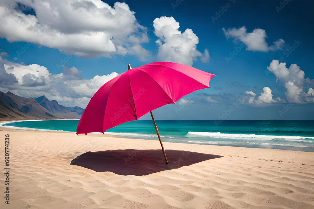 A brightly colored beach umbrella standing alone on a deserted beach, with the ocean in the background and sand dunes on either side