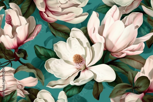 background seamless flower floral painting leaf wallpaper pattern decoration watercolor magnolia. Generative AI.