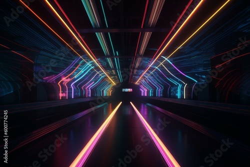 Bright streaks converge forming neon tunnel. Generative AI