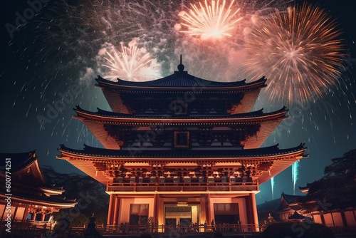 Stunning East Asian temple illuminated by fireworks. Generative AI
