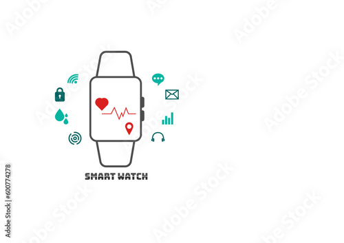 Smartwatch concept. Electronic intelligence watch with health, communication, wifi, network icon on blue background.