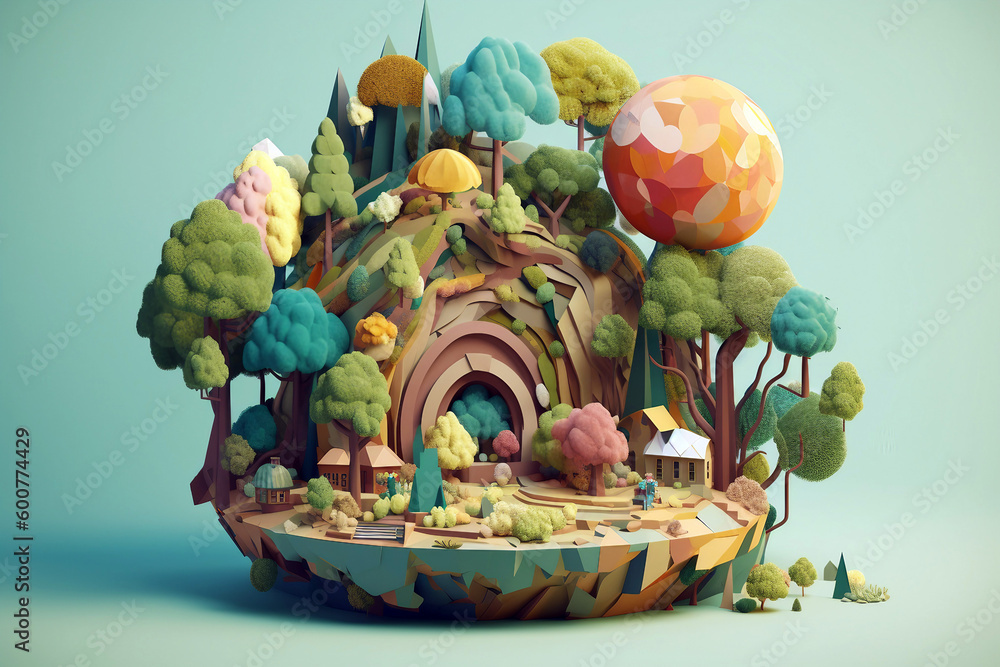 Illustration of a fantasy forest with houses and trees, generative ai