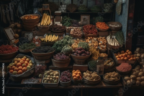 A market stall selling various foods and produce. Generative AI